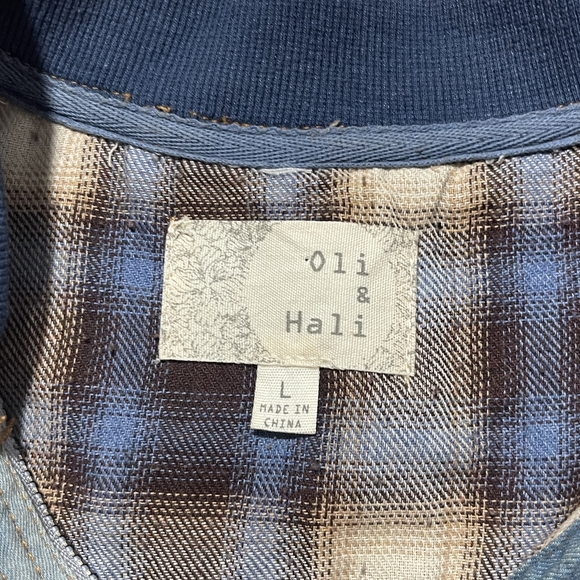 Oli & Hali Womens Brown Blue Cream Plaid Denim Jean Half Zip Oversized Shirt L - Picture 4 of 4